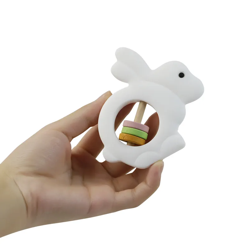 White Bunny Silicone Rattles For Kids Animal Rabbit Shape Newborn Baby Bed Bell Educational Toys Silicone Teether Rattle