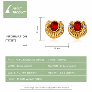 Boucles d'oreilles clous Red Sunburst en acier inoxydable plaqué or 14K sous vide avec zircon cubique, boucles d'oreilles statement - Product Image 2