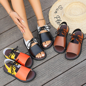 Women Summer New Color <b>Block</b> Thick Sole Beach Sandals Lace-up Casual Large Sports Style Sandals Wholesale - Product Image 4