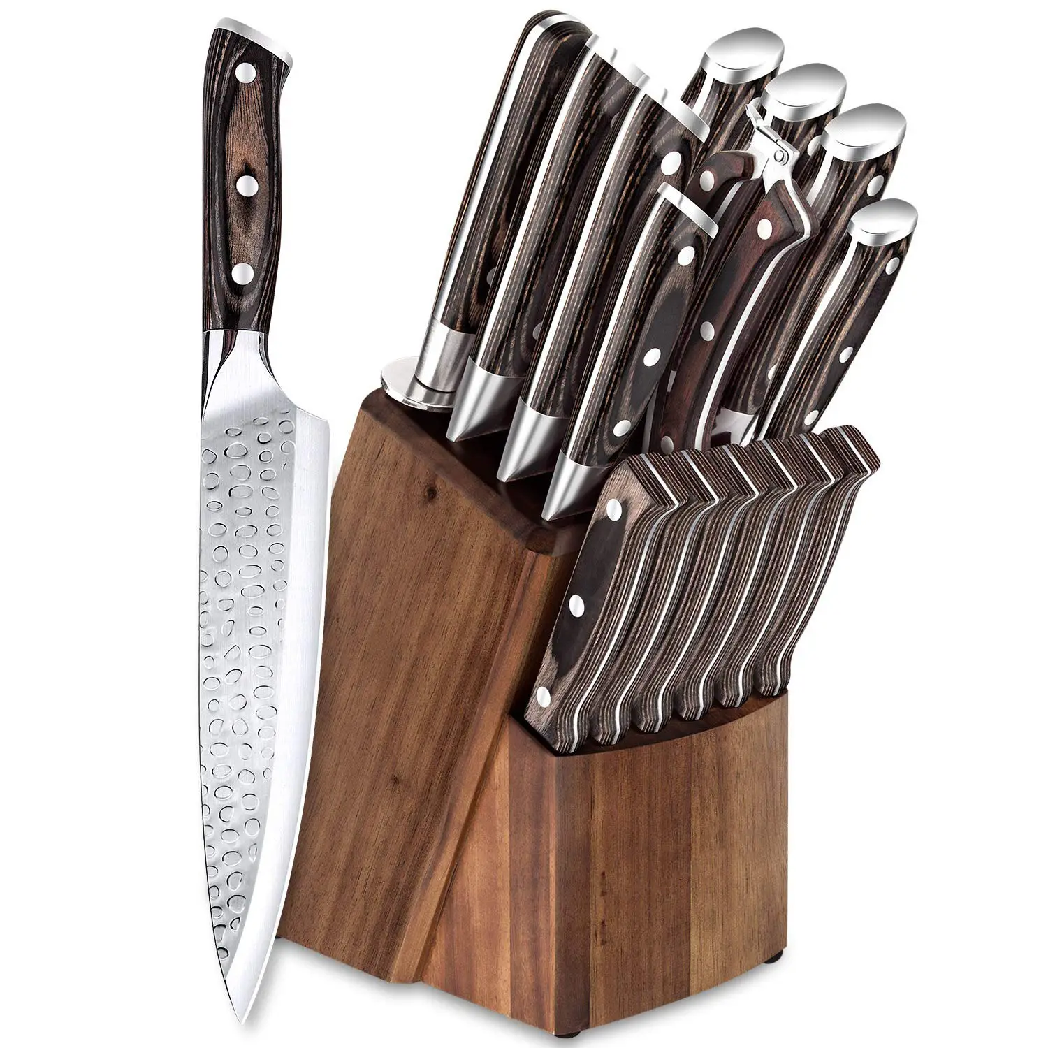 Vendita calda Set di coltelli da cucina forgiati con codolo pieno Ultra affilato in acciaio inossidabile da 16 pezzi con ceppo portacoltelli in legno