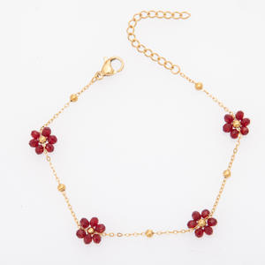 Collier de cheville tendance en acier inoxydable plaqué <span class=keywords><strong>or</strong></span> avec fleur en cristal coloré et perle, haut de gamme, pour femmes - Product Image 4