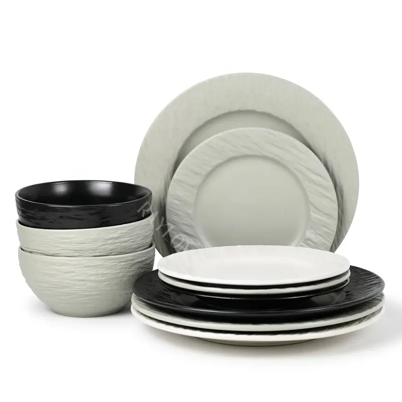 Produsen Stoneware Nordic alat makan 12 buah Stoneware timbul keramik Set desain mewah Makan malam
