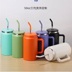 50oz <b>Large</b> Capacity 304 Stainless Steel Vacuum Flask with Straw Portable Vehicle Ice King Tumbler Mug <b>Cup</b> with Handle - Product Image 4