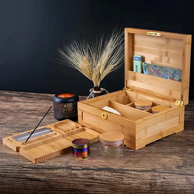 Wood Stash Storage Box Smoking Accessories Kit Organizer Container Smell Proof Smoking Stash Box With Lock Rolling Tray