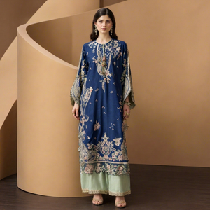 Elegant Blue Embroidered <b>Silk</b> <b>Kurta</b> Floral Design Loose Fit Ankle-Length Modern Indian Pakistani Women's Wear Fashionista - Product Image 1