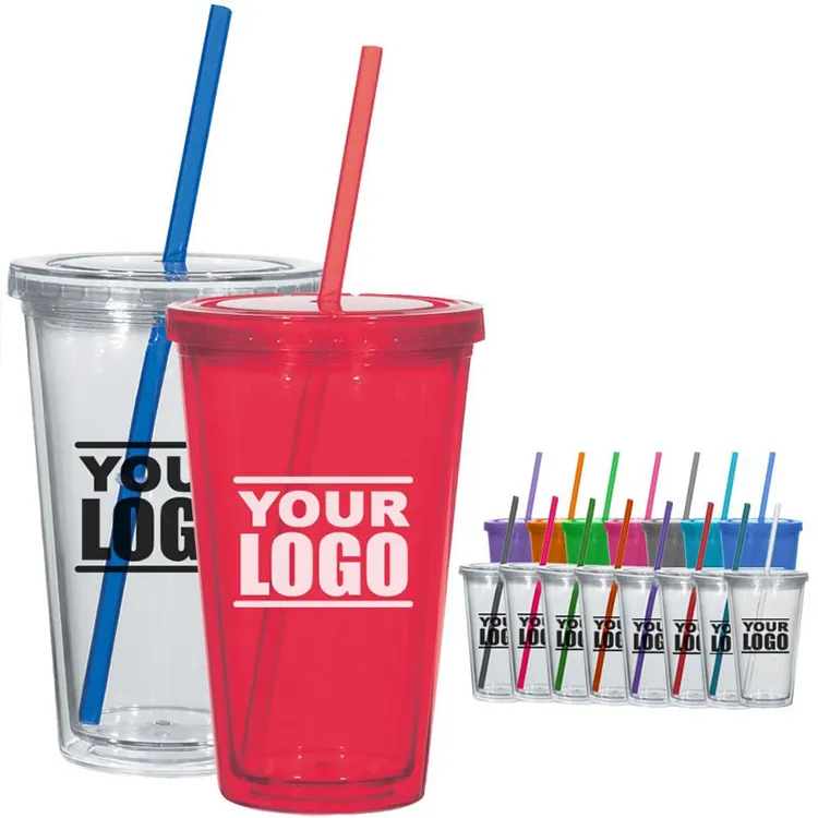 custom logo 24 oz 32oz boba plastic cold cups coffee with lids straw double wall tumbler personalized acrylic cup