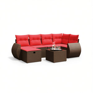 Set Divano da Esterno in Polyrattan Marrone 7 Pezzi con Cuscini Arredamento Moderno per Esterni - Product Image 1
