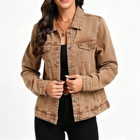 Veste en jean marron pour femme, style trucker en denim délavé, boutonnée sur le devant, manches longues, décontractée, pour le quotidien, streetwear