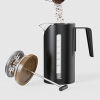 Cafetière à piston en acier inoxydable avec revêtement en verre borosilicate, 800 ml, couvercle en bois, pot filtrant pour le café et le thé