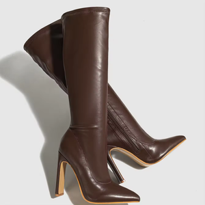 Bottes hautes marron et noires tendance pour femme, bottes longues sexy à bout pointu, bottes en cuir épaisses au-dessus du genou, chaussures pour femme - Product Image 3