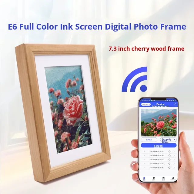 Pikesmart 7.3inch Brown Cherry Wood Full-Color Digital 2.4GHz WiFi Communication Ink Screen Label Photo Display