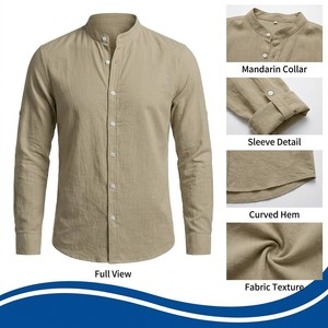Camisa de Lino para Hombre con Cuello Mao, <span class=keywords><strong>Manga</strong></span> Larga, 95% Lino, 145gsm, Corte Ajustado, Logotipo Personalizado, Casual, Venta al por Mayor en Stock - Product Image 4