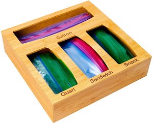 Combohome Bamboo Kitchen Drawer Organizer Plastic Baggie Ziplock Bag Food Storage Bag Organizer Holder
