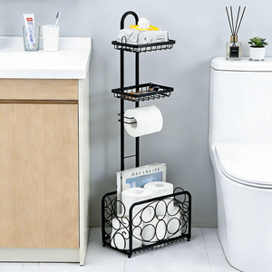 Porte-rouleau de <span class=keywords><strong>papier</strong></span> <span class=keywords><strong>toilette</strong></span> sur pied noir avec étagère de rangement pour <span class=keywords><strong>tablette</strong></span>, téléphone et magazines - Product Image 4