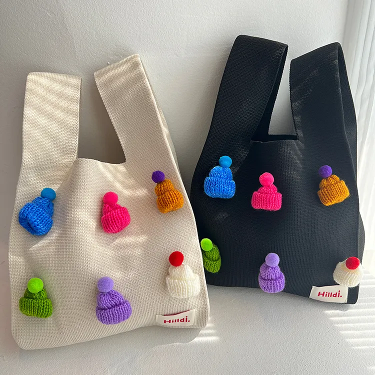 Sevimli küçük cüzdan Tote çanta el yapımı renkli tığ örme çanta ile Mini kap