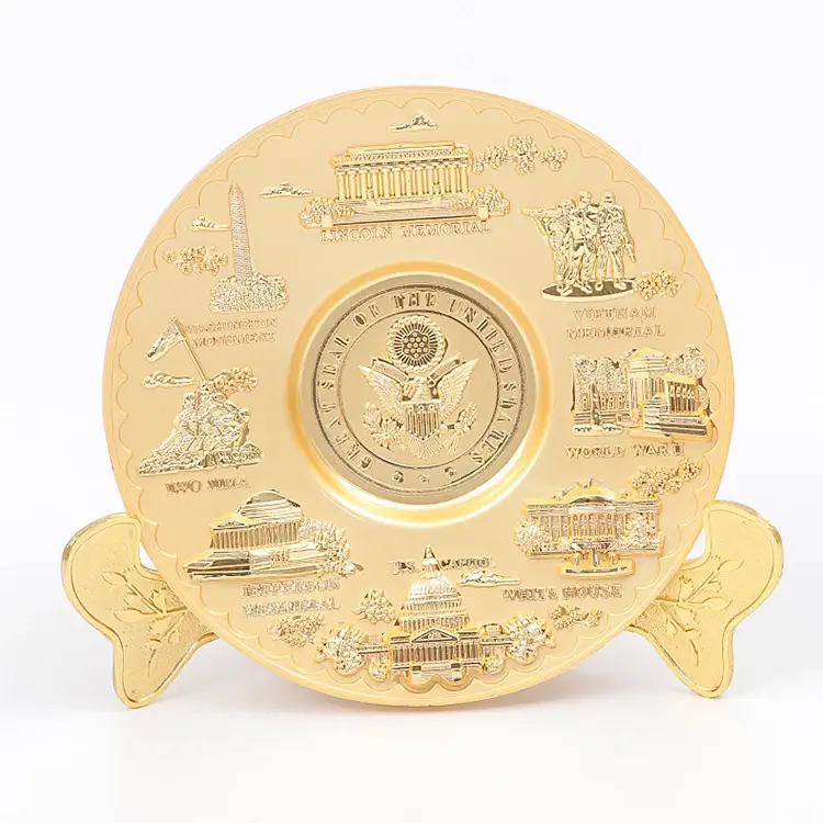 도매 무거운 사용자 정의 장식 금 금속 접시 3d 양각 기념품 접시