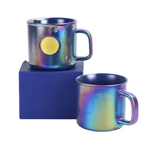 カスタムレインボーホログラフィック虹色のコーヒーマグパープル虹色のブロンズメダルセラミックマグと金属銅