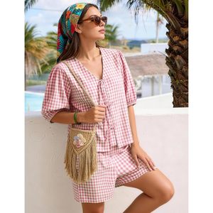 Women Gingham Short Pajama Set <b>Tie</b> Front Puff Sleeve Top High Waist 2 Piece Summer Plaid Loungewear - Product Image 5