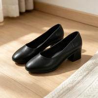 Escarpins noirs à bout rond et talon carré pour femme, en cuir véritable, à enfiler, talon bas, pour le bureau et les occasions habillées, vente en gros