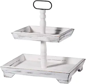 White Farmhouse Distressed Tiered Serving Tray Stand Wood 2 Tier Tray For Coffee Bar Cakes Desserts Fruits Snack Candy