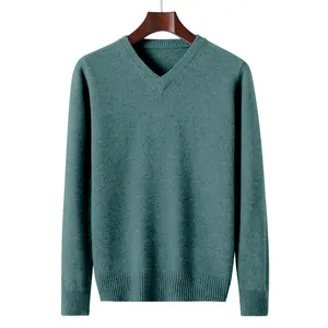 2024 Man Jumper Custom Cashmere Knit Sweaters V Neck Washable 100% Merino Wool Design Men Solid Sweater