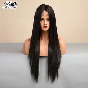 Premium Fiber Small Synthetic Lace Wig 28 inches Natural Black Cheap Middle Part Long Straight Front Lace Synthetic Wig