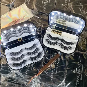 Wholesale thick full strip lashes custom led lash packaging box fluffy 3d mink eyelash case with mirror and light