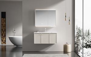 Mueble de <span class=keywords><strong>Baño</strong></span> Flotante de Acero Inoxidable de Lujo, Color Blanco Cálido, con Triple <span class=keywords><strong>Espejo</strong></span> Deslizante, Tiradores Dorados y <span class=keywords><strong>Luz</strong></span> LED para <span class=keywords><strong>Baño</strong></span> Principal - Product Image 4
