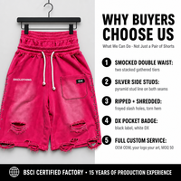Shorts de survêtement personnalisés rose vif délavé à l'acide avec coutures latérales cloutées, déchirures effilées, taille double smockée, 320 g/m², style Y2K Streetwear OEM ODM