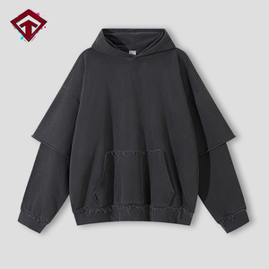 Sweat-shirt à capuche vintage noir pour homme, coupe oversize, double couche, épais - Product Image 2