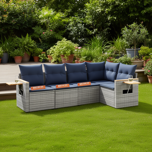 Set da Giardino per Esterni 6 Posti in Polyrattan Grigio con Cuscini, Mobili da Patio dal Design Contemporaneo - Product Image 2