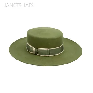 Luxury Custom 100% Rabbit Fur Bound Edge Flat Top Wide Brim Green Color Dress Hat Wit Ribbon Bow
