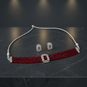 Silver Plated Hydro Bead Choker <b>Necklace</b> Set Maroon <b>Ruby</b> Red Multi Layer Crystal Beads Collar <b>Necklace</b> with CZ Stud Earrings - Product Image 2