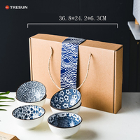 Ensemble de bols en céramique bleu et blanc de style japonais sculptés en gros pour mariage, mélange de nouilles et de riz, porcelaine, bols de 4,5 pouces