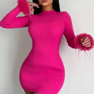 Vestidos vermelhos rosas moda outono de 2024 manga comprida sexy minivestido slim com penas