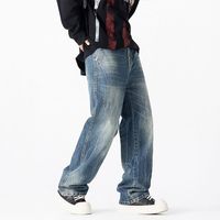 Jeans délavés pour homme, coupe ample, jambe droite, effet usé, pour toutes les saisons