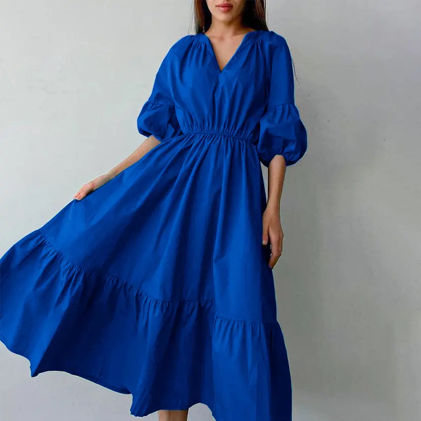 2022 New Arrivals Knit Short Sleeve Royal Blue Casual Elegant Long Maxi Dress For Women