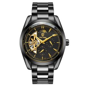 Reloj de hombre con esfera grande de 42 mm en negro y dorado, con iluminación nocturna, correa de acero impermeable y movimiento mecánico automático. - Product Image 3