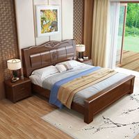 Lit double robuste en bois d'hévéa avec tête de lit sculptée, structure en bois massif, mobilier de chambre d'hôtel et d'appartement, vente en gros