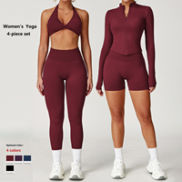 Ensemble de yoga personnalisé 4 pièces pour femme : Soutien-gorge dos nu taille haute effet push-up, veste zippée, leggings et short anti-transparence pour la gym