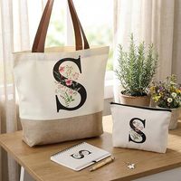 Pochette cadeau cosmétique en toile de coton et lin imitation chanvre, motif lettres, avec longue anse en ruban, pliable