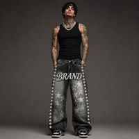 Streetwear Hip Hop Vintage Personnalisé, Coupe Droite, Impression Étoile, Finition Délavée, Décorations en Strass, Qualité Supérieure, Grandes Tailles