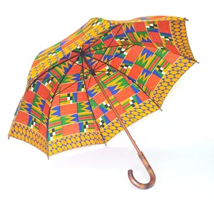 African Design Umbrella Windproof UV Ankara Print Umbrellas with Wood Handle