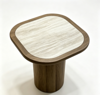 Table d'appoint carrée Elloak, table d'appoint sur piétement en bois de noyer avec plateau en pierre crème, coins arrondis, style moderne minimaliste