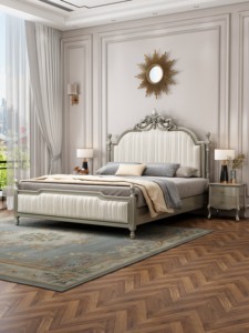 Luxury French Carved Wood Upholstered Tufted Bed <b>Frame</b> Master Bedroom Furniture King Queen Size Classic Double Bed for Villa - Product Image 3