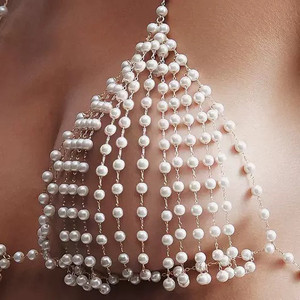 Set Reggiseno e Perizoma Sexy di Lusso con Catena per il Corpo in Perle, Gioielli per il Corpo Artigianali in Perle, Imbracatura Traforata Trasparente per Donna - Product Image 3