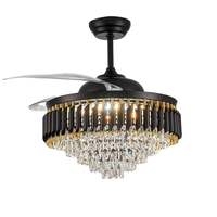 Lustre moderne de luxe en cristal avec ventilateur de plafond rétractable LED noir et télécommande, moteur AC pour villas