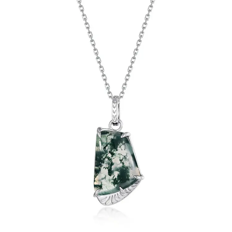 New Design Wholesale Price Jewelry Exquisite Sterling Silver 925 Dainty Chain Natural Green Moss Agate Pendant