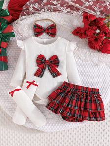 Bébé fille nouveau-né mignon Floral 100% coton ODM costume de noël à manches longues <span class=keywords><strong>manteau</strong></span> ha + demi-<span class=keywords><strong>manteau</strong></span> jupe + chaussettes ensemble de quatre pièces - Product Image 6