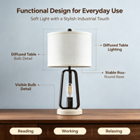 Lampe de table industrielle en métal avec port de charge USB, abat-jour en tissu, lampe de bureau pour chambre à coucher, salon